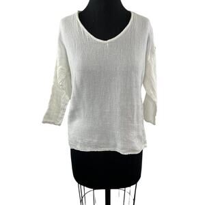 Bohabille Paris White Linen Cotton Woven Gauze Scoop Neck 3/4 Sleeve Top Shirt M